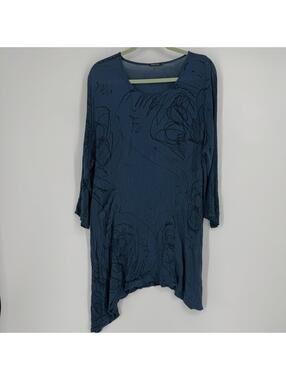 Grizas top womens XL blue tunic silk blend artsy art to wear lagen look summer
